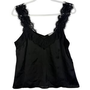 Chelsea28 Satin Lace Trim Cami Tank Eyelash‎ Lace V Neck Women Medium Black
